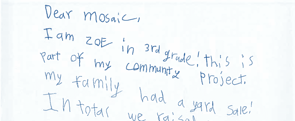 Grade 3 Student Fundraises $730 for MOSAIC Refugee Projects