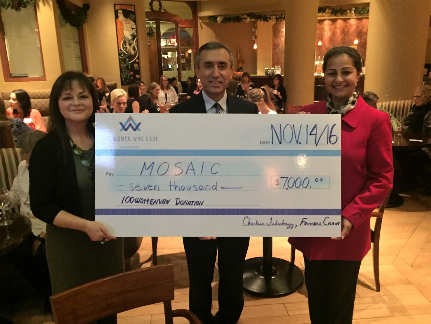 From Left: Charlene Fekeshazy, Founding Chair, 100WomenVan; Saleem Spindari, Manager of Refugee Settlement Support Projects, MOSAIC; Ninu Kang, Director of Communications and Development, MOSAIC
